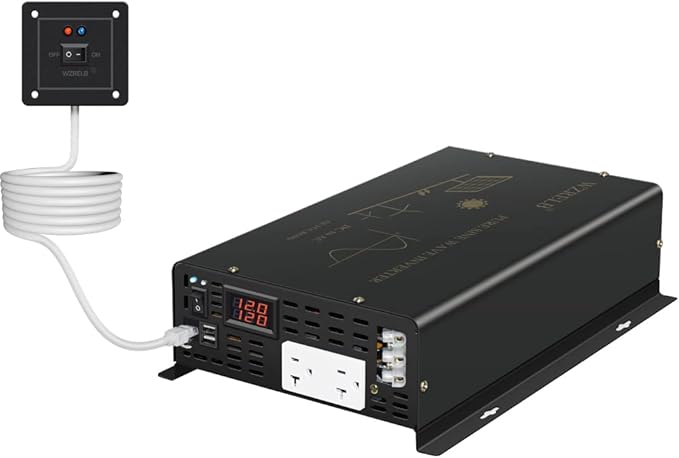 WZRELB Pure Sine Wave Power Inverter 3000W 12VDC to 120VAC 6000W Peak Dual AC Outlets &2× 2.4A USB Port &Hardwire Terminal with 16ft Remote Conrtol Off-Grid Solar Converter RV Trucks (VC300012U5WD-1)