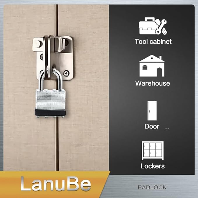 LanuBe Lock Laminated keyed padlock1-9/16 inch, keyed Alike Locks, Normal Shackle,Marked Black Plastic Hoop, Pack of 120