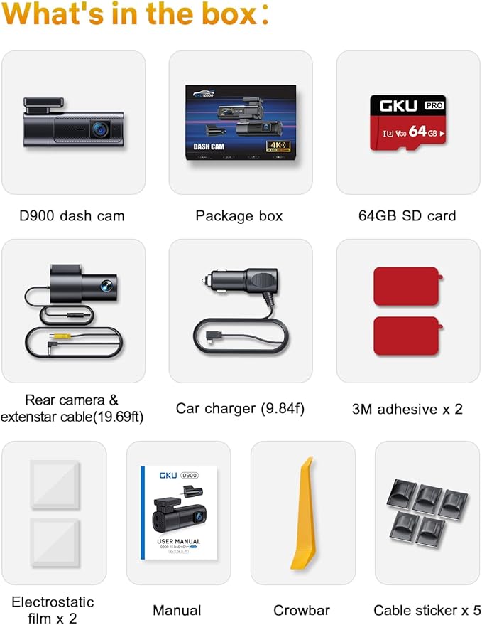 GKU Dash Cam Front and Rear, 4K 60fps+2.5K Dashcam,STARVIS Sensor, HDR, 5G WiFi GPS, 24H Parking Mode, Night Vision, 170°Wide Angle, Dash Camera for Cars with 1.47 Display, 64G SDcard (Black)