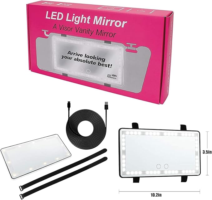 Car Vanity Mirror, with 3 Light Modes & 60 LEDs - Rechargeable Dimmable Clip-on Rear View Sun-Shading Cosmetic Makeup Mirror, Universal for Car SUV (White, 2 Pack)