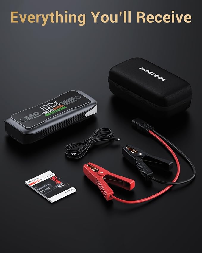MOSTOOL M8 6000A Flagship Car Jump Starter, 12V Professional Battery Pack with Smart LCD, Heavy Duty Safety Clamps, 24000mAh Power Bank, 400-Lumen LED, Rugged Kit for All Gas & Up to 12.0L Diesel