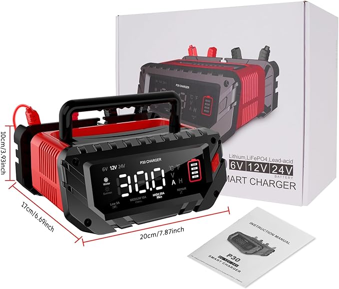 30 Amp 6V/12V/24V Smart Trickle Charger, Car Battery Charger, Lithium, Lifepo4, Lead Acid (AGM/Gel/SLA) Battery Maintainer, Desulfurizer, For: Car, Boat, Motorcycle, Lawn Mowers