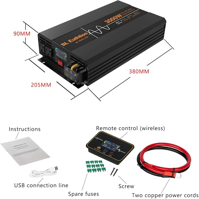 3000W/6000W(Peak) Pure Sine Wave Car Power Inverter 12V DC to 120V AC 60HZ with LCD Display, USB Port, Wireless Remote Control(10M) for Car Home Laptop Truck