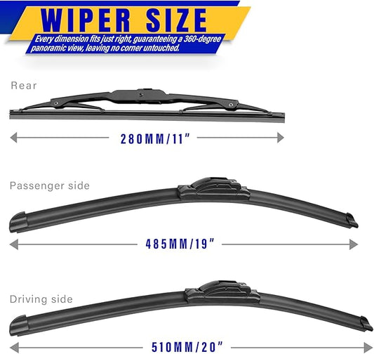 3 wipers Replacement for 1997-2001 Honda CR-V CRV, Windshield Wiper Blades Original Equipment Replacement - 20"/19"/11" (Set of 3) U/J HOOK
