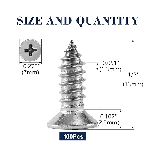 #6 x 1/2" Wood Screw 100Pcs 18-8 (304) Stainless Steel Screws Flat Head Phillips Fast Self Tapping Drywall Screws by SG TZH
