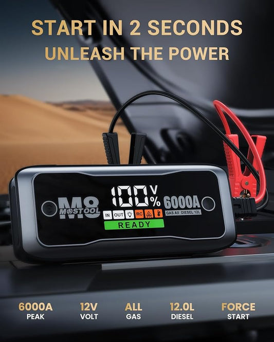 MOSTOOL M8 6000A Flagship Car Jump Starter, 12V Professional Battery Pack with Smart LCD, Heavy Duty Safety Clamps, 24000mAh Power Bank, 400-Lumen LED, Rugged Kit for All Gas & Up to 12.0L Diesel