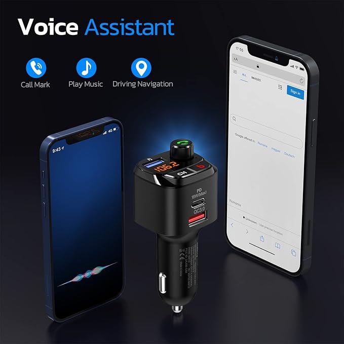 Nulaxy Bluetooth 5.0 FM Transmitter for Car, QC3.0 & USB-C PD 18W Wireless Bluetooth Radio Adapter Music Player Car Kit with Bass Booster, Hands-Free Calls-NX12