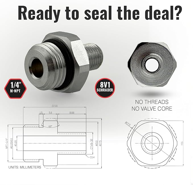 Self-Sealing Tire Inflator Adapter (1 Pack) – 1/4” NPT Male to Schrader Valve, Leak-Free O-Ring, No Tape Needed