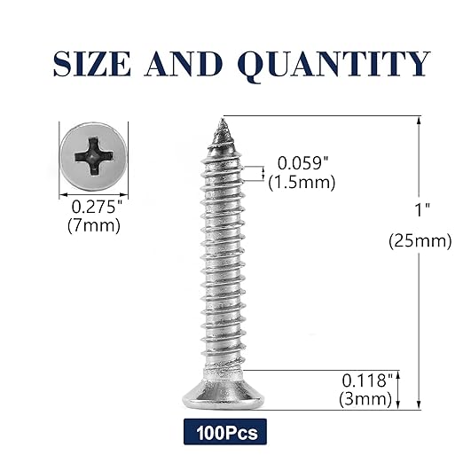 #7 x 1" Wood Screw 100Pcs 18-8 (304) Stainless Steel Screws Flat Head Phillips Fast Self Tapping Drywall Screws by SG TZH