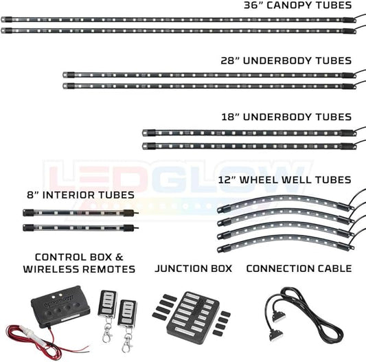 LEDGlow 12pc Million Color LED 4-Seater Golf Cart Underglow Neon Kit with Canopy, Wheel Well & Interior Lights Fits EZGO, Yamaha, Club Car, ICON, Evolution, Tomblerin, Star EV - for 12-Volt Battery