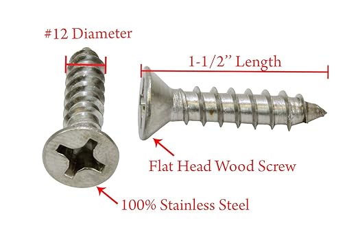 Bolt Dropper #12 X 1-1/2'' Stainless Steel Flat Head Phillips Wood Screw, (25 pc), 18-8 (304) Stainless Steel Sheet Metal Screws - Type A Point, Plain Finish