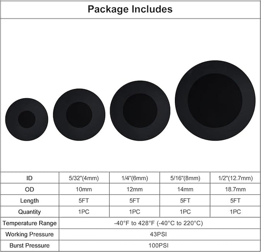 EVIL ENERGY 5/32 1/4 5/16 1/2 Silicone Vacuum Tubing Hose Line Kit 5FT 130PSI Max Pressure (4mm 6mm 8mm 12.7mm)