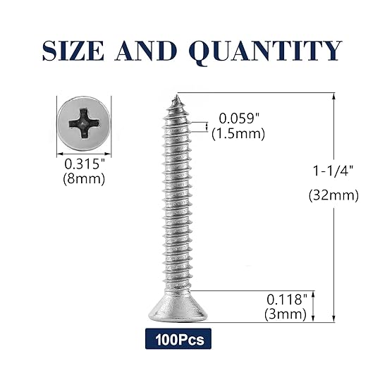 #8 x 1-1/4" Wood Screw 100Pcs 18-8 (304) Stainless Steel Screws Flat Head Phillips Fast Self Tapping Drywall Screws by SG TZH