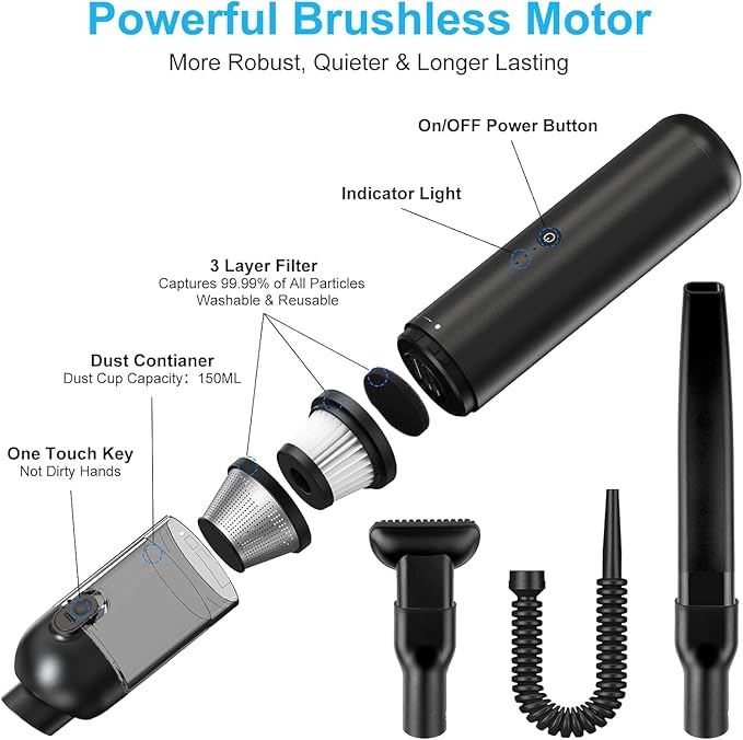Handheld Vacuum Cordless, 16000pa Car Vacuum Cleaner High Power, 2 Speed Modes Mini Vacuum Cleaner with 2 Filters, Car Vacuum Portable Cordless with Air Blower for Home Office Pet Hair