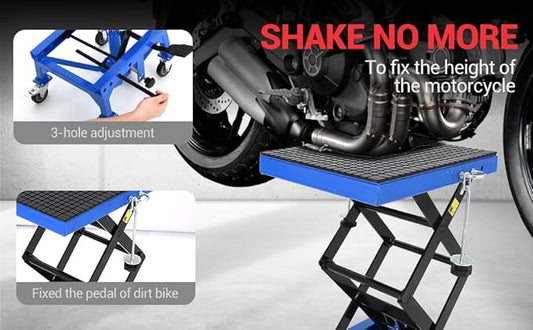 Hydraulic 350LBS Motorcycle Lift Jack - Foot-Pump Scissor Lift Table with Safety Lock, Wheels & Oil Drain Hole - Height Adjustable 13.78-34.25" for ATV, Dirt Bike, Cruiser Maintenance