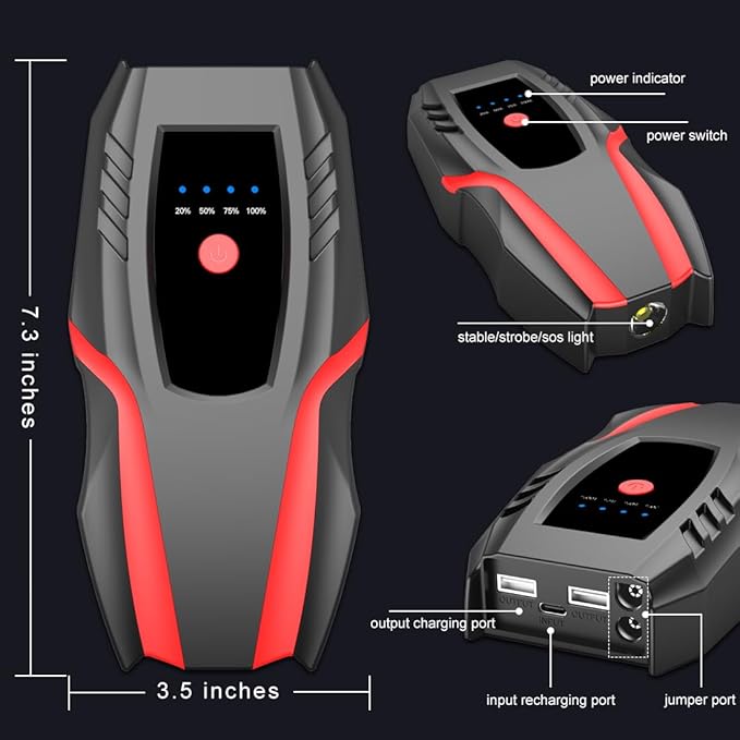 12v Auto Jump Starter Peak Current 2000A (8.0L Gas and 5.0L Diesel Engine), Car Lithium Battery Charger Jumper Cable Pack, 8000mah Portable Power Bank with LED Light&USB Quick Charge