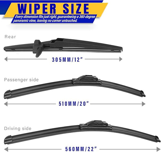 3 wipers Replacement for 2003-2009 Toyota 4Runner, Windshield Wiper Blades Original Equipment Replacement - 22"/20"/12" (Set of 3) U/J HOOK