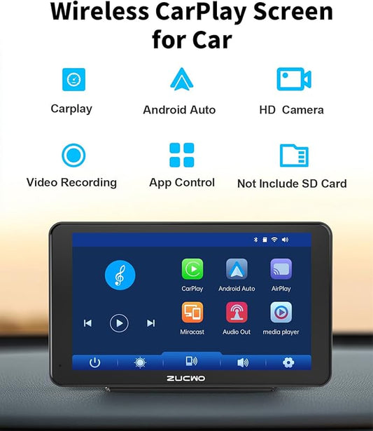 7 Inch Wireless CarPlay Screen for Car, Portable Car Stereo Touch Screen for Apple CarPlay & Android Auto with Backup Camera, Voice Control, BT Music, Navigation, Siri, AUX (Black)