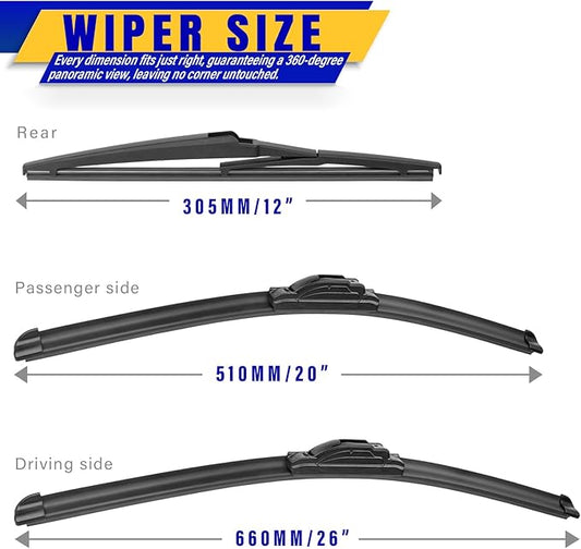 3 wipers Replacement for 2008-2019 Toyota Highlander/2011-2021 Lexus GX460, Windshield Wiper Blades Original Equipment Replacement - 26"/20"/12" (Set of 3) U/J HOOK
