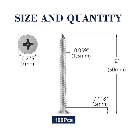 #7 x 2" Wood Screw 100Pcs 18-8 (304) Stainless Steel Screws Flat Head Phillips Fast Self Tapping Drywall Screws by SG TZH