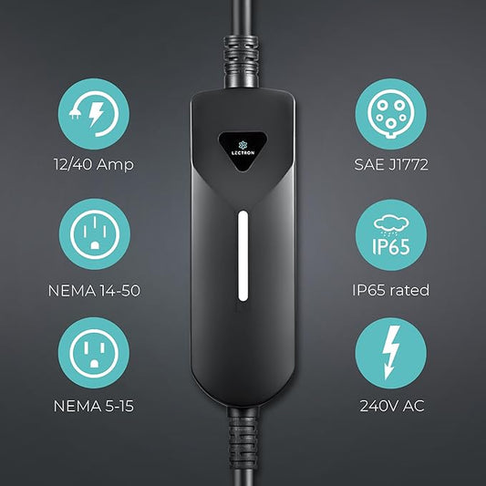 Lectron Level 1 / Level 2 EV Charger (12 Amp / 40 Amp) with Dual Charging Plugs (NEMA 5-15 & 14-50) - Portable Electric Car Charger Compatible with All J1772 EVs (Black)