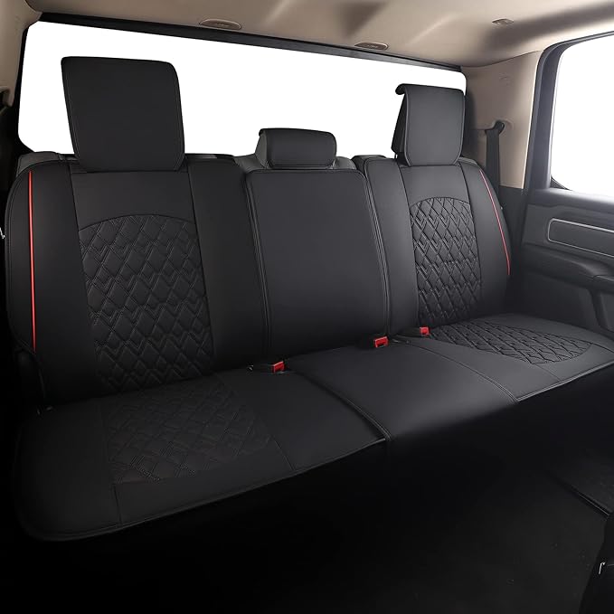 JOJOBAY Car Seat Covers for Dodge Ram Full Set,Fit Ram 2009-2025 1500/2500/3500 Pick-up Truck,Crew,Regular,Quad,Mega Cab,Waterproof Leather Seat Covers Protectors(5 PCS Full Set,Black/Red)