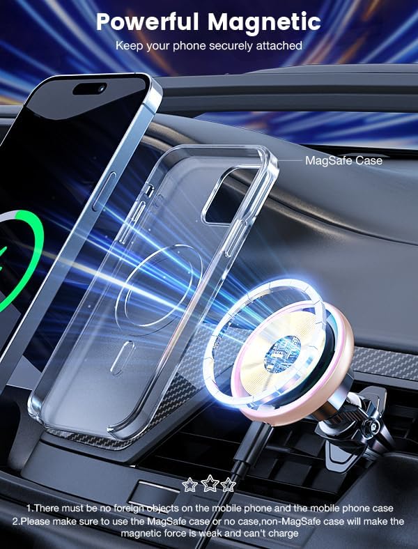 MOKPR for Magnetic Car Mount Charger-15W Wireless Car Charger-Magnetic Car Phone Holder for Dash Air Vent-LED RGB HandsFree Car Mount Fast Car Charger for iPhone 16 15/14/13/12 Pink