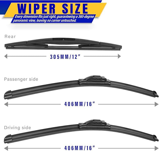 3 wipers Replacement for 2018-2023 Jeep wrangler JL, Windshield Wiper Blades Original Equipment Replacement - 16"/16"/12" (Set of 3) U/J HOOK