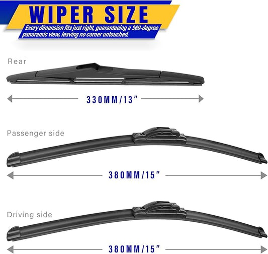 3 wipers Replacement for 2007-2017 Jeep Wrangler/2008-2018 Jeep Wrangler JK, Windshield Wiper Blades Original Equipment Replacement - 15"/15"/13" (Set of 3) U/J HOOK