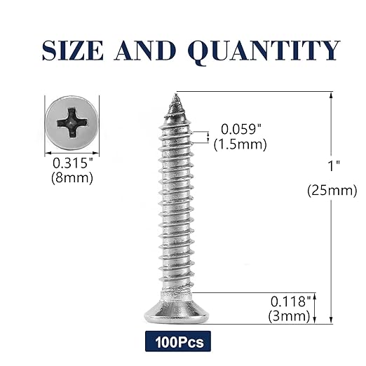 #8 x 1" Wood Screw 100Pcs 18-8 (304) Stainless Steel Screws Flat Head Phillips Fast Self Tapping Drywall Screws by SG TZH