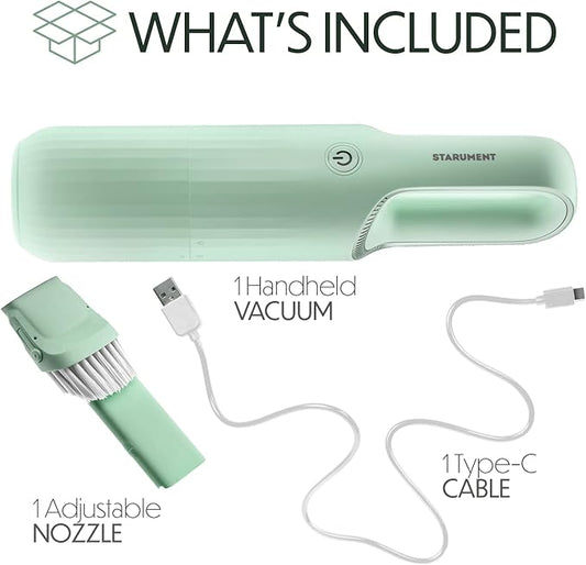 STARUMENT Vacuum Cleaner for Dust, Pet Hair Dirt Home, Car Interior Lightweight, Portable, Handheld, Cordless, Easy to Use, Compact Design Battery Rechargeable with USB-C Cable (Mint Green)