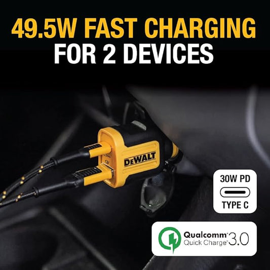 DEWALT Heavy Duty USB + USB C Car Charger Adapter, 49.5W Cigarette Lighter USBA Charger, PD Car Charging Adapter PPS 30W Quick Charge 3.0 Fast Charging for iPhone 16/15 Pro Max, Samsung Galaxy, Pixel