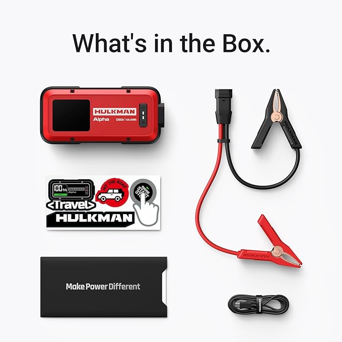 Hulkman Alpha, Ultra Red, 1250A 44.4Wh Battery Jumper Starter Portable, 12V Modern Car Jump Box with Jumper Cables, for 7.0L Gas/4.0L Diesel Engines, 65W Fast Charging, IP65 Rated, Large LED Display