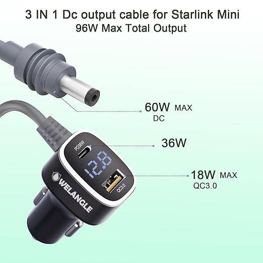 3 in 1 Car Power Cable for Starlink Mini Cigarette Lighter Adapter, Car Charger for Mini Starlink DC Power Cable with Digital Display, Durable & High Speed Charging USB A/USB C Port (3M/10FT)