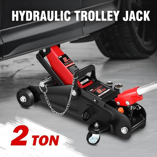 DNA MOTORING Floor Jack with Socket and Lock, Low Profile Hydraulic Trolley Jack for Cars Lift, 2 Ton (4000 lbs) Capacity, Lifting Range 5.12"-13", Red, TOOLS-00677-RD