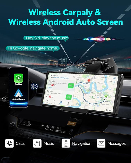Wireless Carplay Screen for Car, 10.26" Android Auto Screen Compatible with A-pple Carplay, 4K Front & 1080P Rear Cameras Loop Recording, FM, AUX, BT, MirrorLink, Voice Control, Navigation for iOS 10+