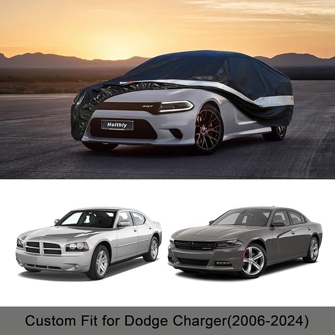 Holhtly Car Cover Custom Fit for Dodge Charger, Car Covers for Automobiles All Weather Waterproof Sun Snow Rain Wind Dust Protection, Outdoor Car Cover Black & Grey