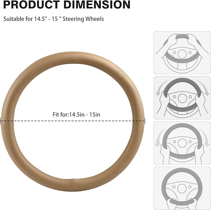 【2025 Model】 High-Grade Real Cowhide Steering Wheel Cover for Men Women,Beige Genuine Leather Steering Wheel Cover for Cars,Universal 14.5-15 inch Steering Wheels,Grid & Square Motif