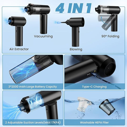 Vac V2 Portable Air Blower/Car Vacuum 90°Foldable 3in1 Handheld Vacuums Cleaner Brushless Motor High Power 16000PA Compressed Air Dusters Cordless Vacuum Cleaners for Car Home