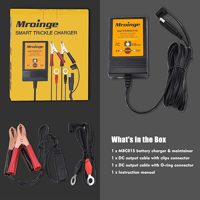 MBC015, 6V / 12V 1.5A Fully Automatic Trickle Battery Charger/Maintainer for Automotive Vehicle Motorcycle Lawn Mower ATV RV Powersport Boat, Sealed Deep-Cycle AGM Gel Cell Lead Acid Batteries