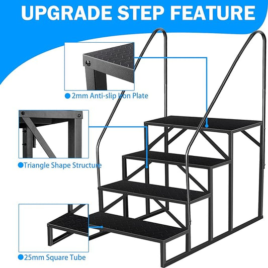 RV Step Stool, 4 Step Ladder, Hot Tub Steps with Handrail, Portable Pool Ladder, 660Lbs Heavy Duty Ladder Shelf Outdoor Mobile Home Stairs for Camper/Porch/SPA Pool/Pet Stairs(2 handrails)