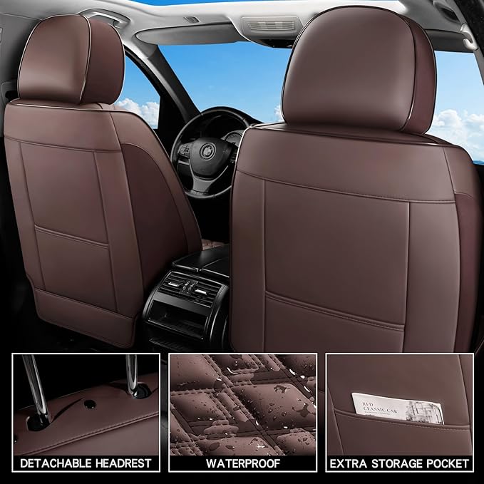 Car Seat Covers Full Set, Leather Seat Covers for Cars, Car Seat Protector Waterproof, Non-Slip Car Interior Covers Fit for Most Cars, SUV, Vans, Trucks,2Seaters,Full Set,Brown