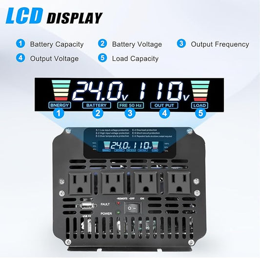 4000 Watt Power Inverter, Car Inverter 24V DC to 110V/120V AC Converter with LCD Display, 4 AC Outlets, USB Port & Remote Controller for RV, Truck, Off-Grid Solar System