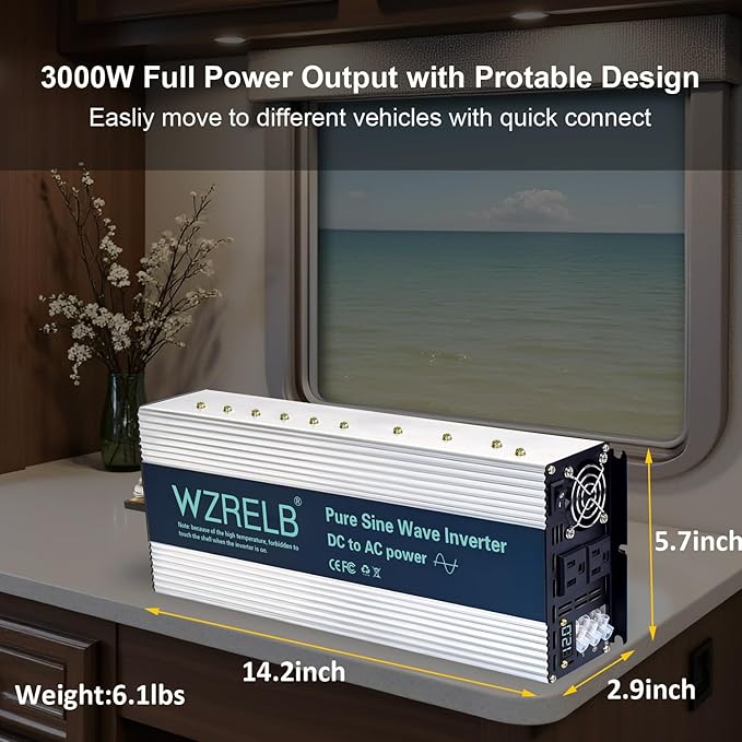 WZRELB 3500W Pure Sine Wave Inverter, Car Power Inverter 12V DC to 110V 120V AC Converter for RV, Truck, Solar, Outdoor with Dual AC Outlets, Hardwire Port, Surge 7000W, LED Display,Off-Grid