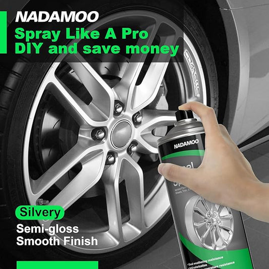 NADAMOO Aluminum Wheel Spray Paint, Semi-gloss Aerosol Car Rim Paint for Recolor and Protection of Metal Surface, Silvery, 2 Cans, 13 Oz Per Can