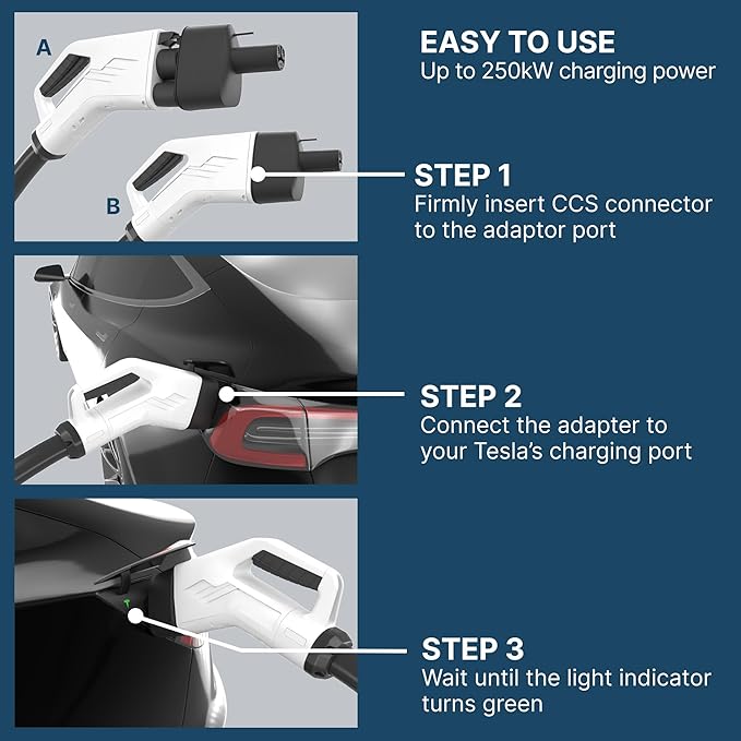 LENZ CCS1 to Tesla EV Charging Adapter – for 2021+ Tesla Models ONLY (Not for Cybertruck) – Connect to Public DC Level 3 Fast Chargers Up to 250 kW