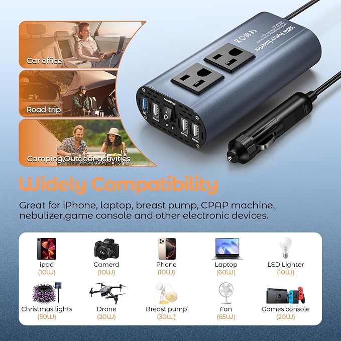 300W Car Power Inverter, DC 12V to 110V AC Car Plug Adapter Outlet with USB-Fast Charger(25W)、 USB-A(20W) and Dual AC Outlet, QC3.0, 4 USB Ports, Car Charger for Laptop、Phone, etc