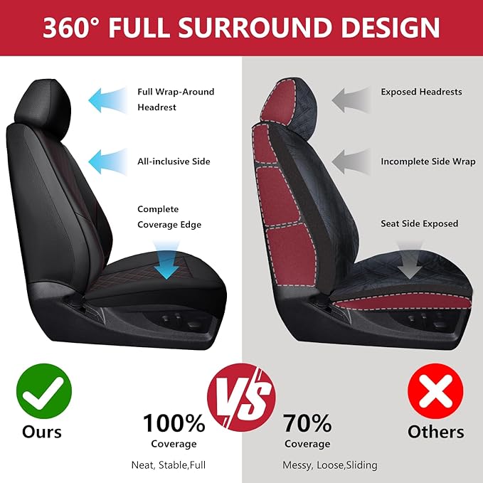 BABYBLU Chevy Chevrolet Silverado GMC Sierra Car Seat Covers Fit 2007-2023 2024 2025 1500/2500HD/3500HD (Black & Red, Full Set)