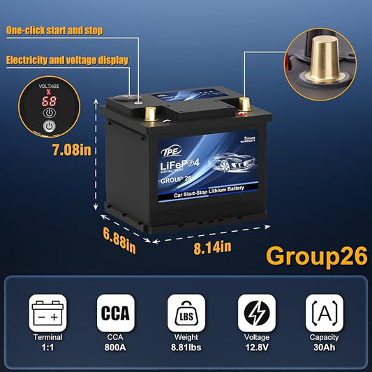TPE Car Start Stop System BCI Group26 LiFePO4 Lithium-ion Battery 12.8V 800A Lightweight High Performance Battery Battery Level Display Left Negative Right Positive