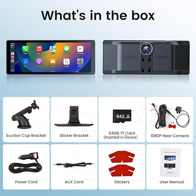 10.26" Carplay Screen for Car,4K Dash Cam,Portable Tablet for Apple Android Auto,Voice Touch Control GPS Navigation,Stereo Audio Radio,Rear Backup Camera,Bluetooth,Wireless Mirror for Truck
